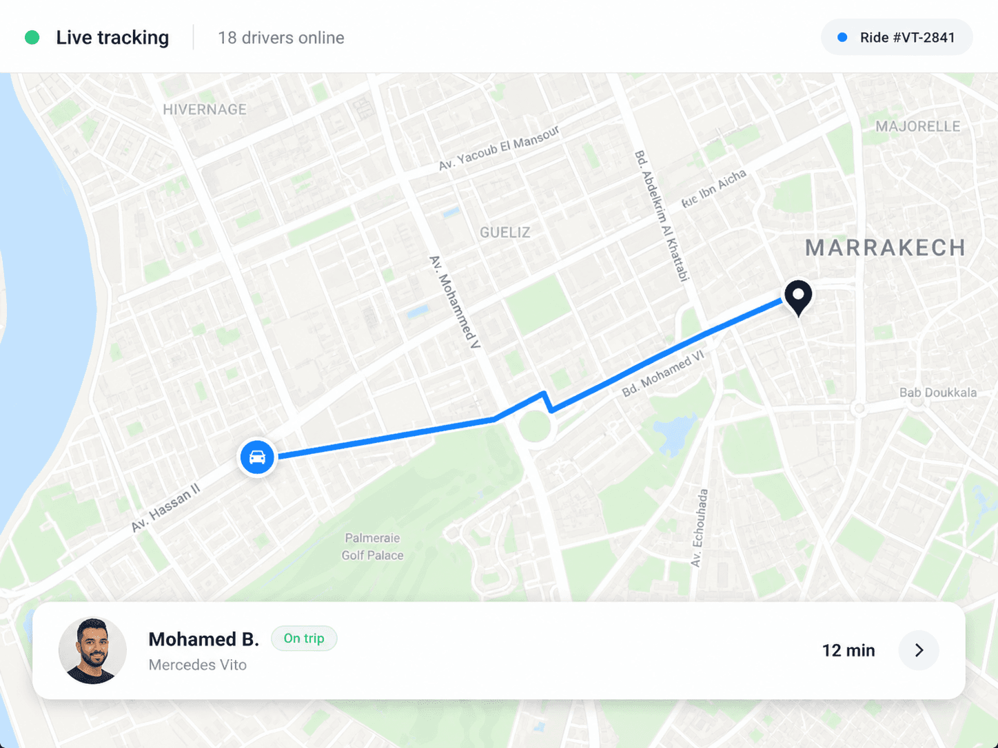 VisitTrip live driver tracking interface in Marrakech